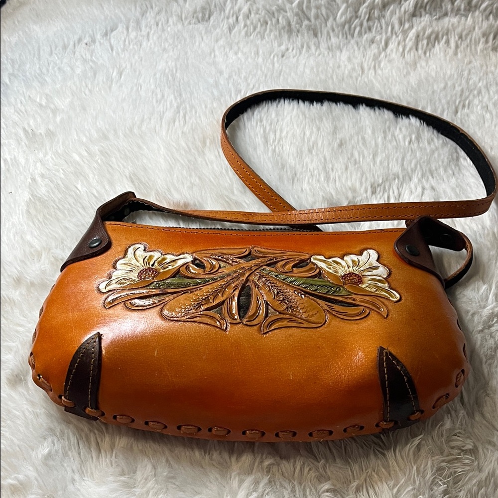 Floral Embossed Tan Leather Shoulder Bag